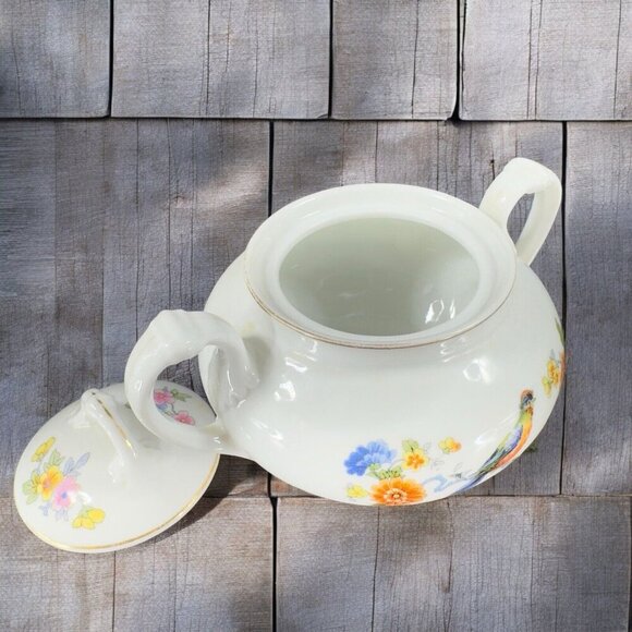 TK Thun Bohemia Czechoslovakia Sugar Bowl Porcelain Bird Flowers Pattern Vintage - Picture 2 of 15